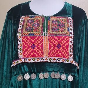 Green Velvet Dress with Embroidered Panel